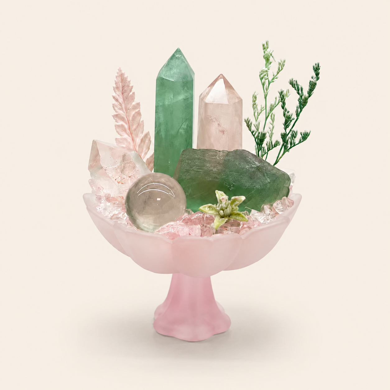 Forest Blush Crystal Garden | Green Fluorite & Rose Quartz Pedestal Bowl Décor