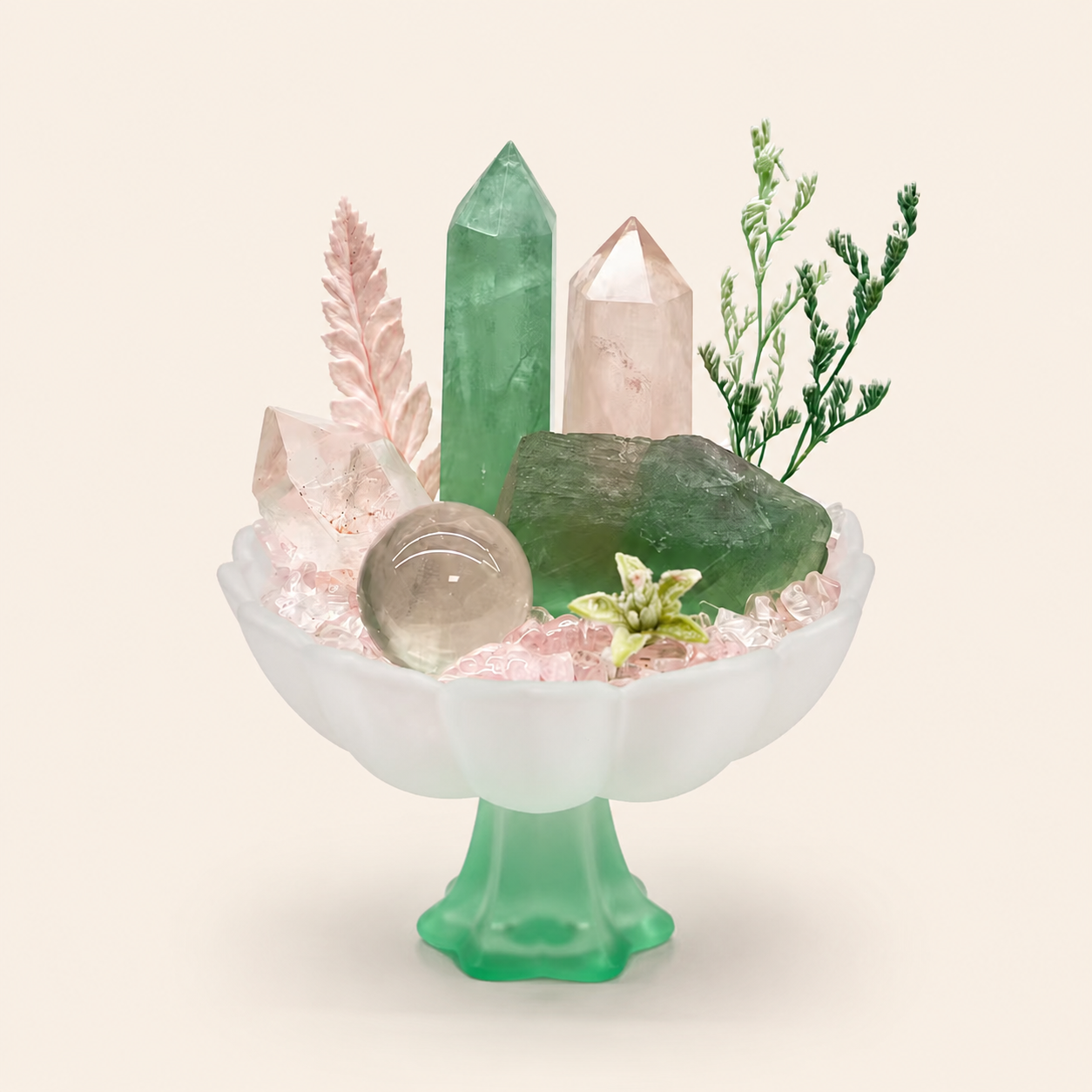 Forest Blush Crystal Garden | Green Fluorite & Rose Quartz Pedestal Bowl Décor