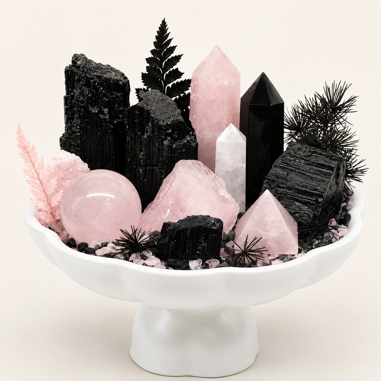 Rose Eclipse Crystal Garden | Rose Quartz, Clear Quartz & Black Tourmaline Ceramic Décor