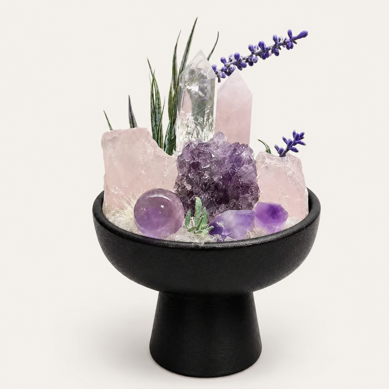 Violet Heart Crystal Garden | Amethyst, Rose Quartz & Clear Quartz Ceramic Décor