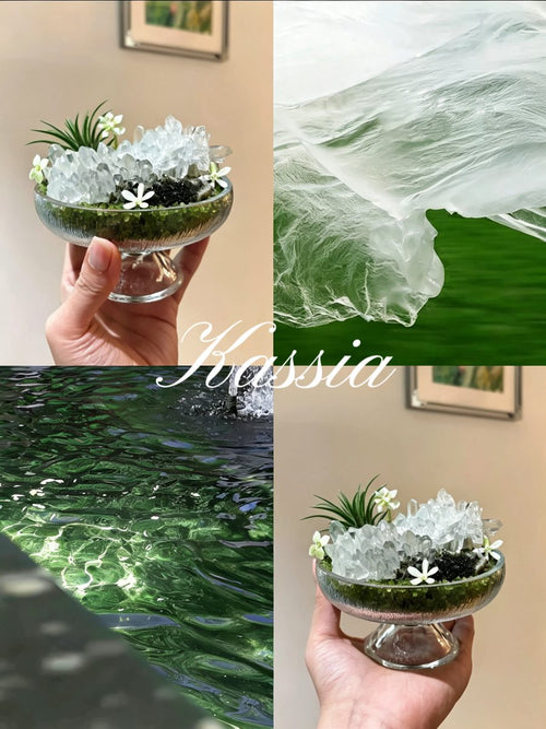 Emerald Dew Crystal Garden | Peridot, Epidote & Clear Quartz Glass Pedestal Décor