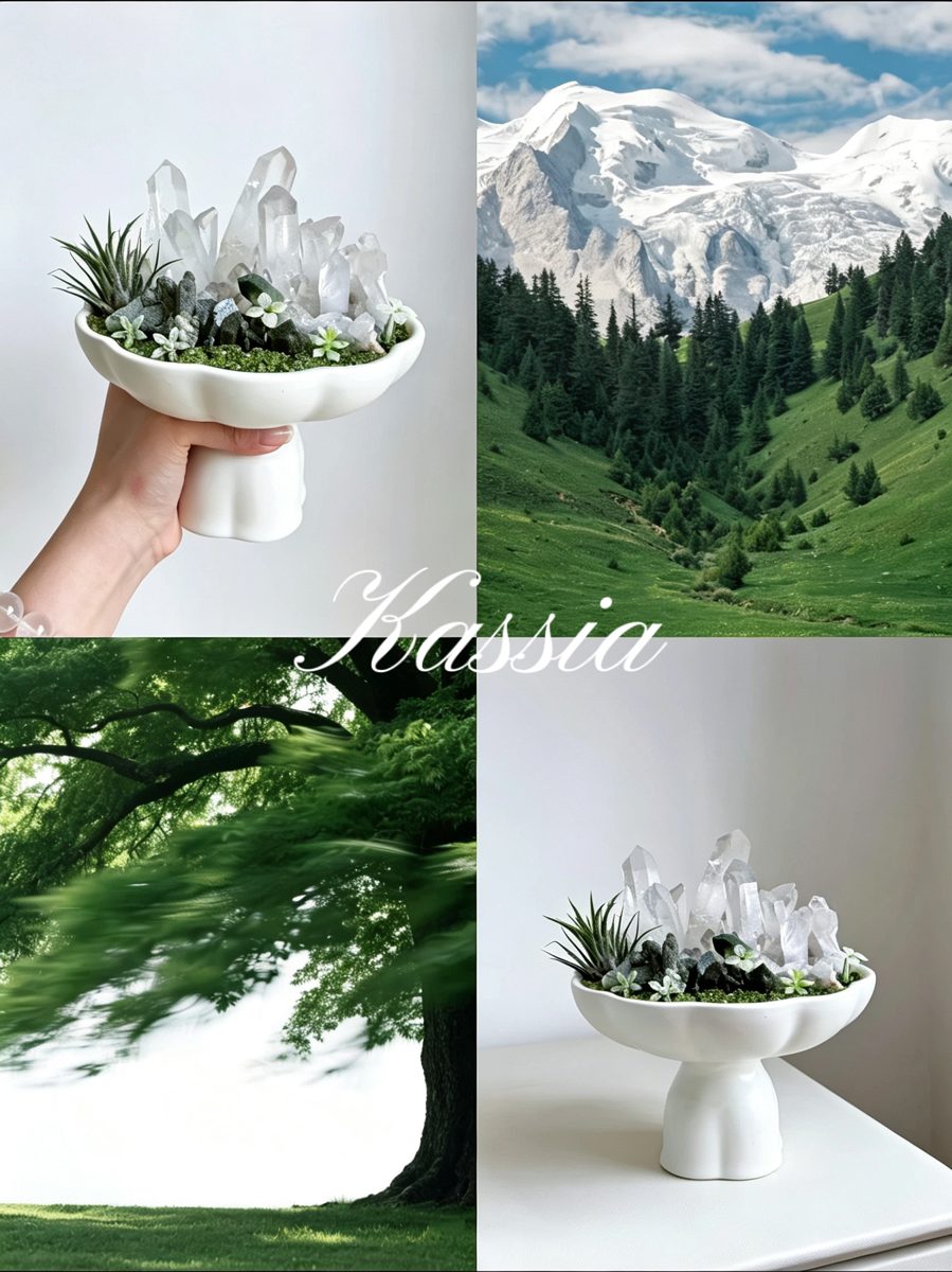 Lunar Sanctum – Clear Quartz Crystal Mountain in White Fluted Pedestal Bowl | Air Plant & Succulent Garden
