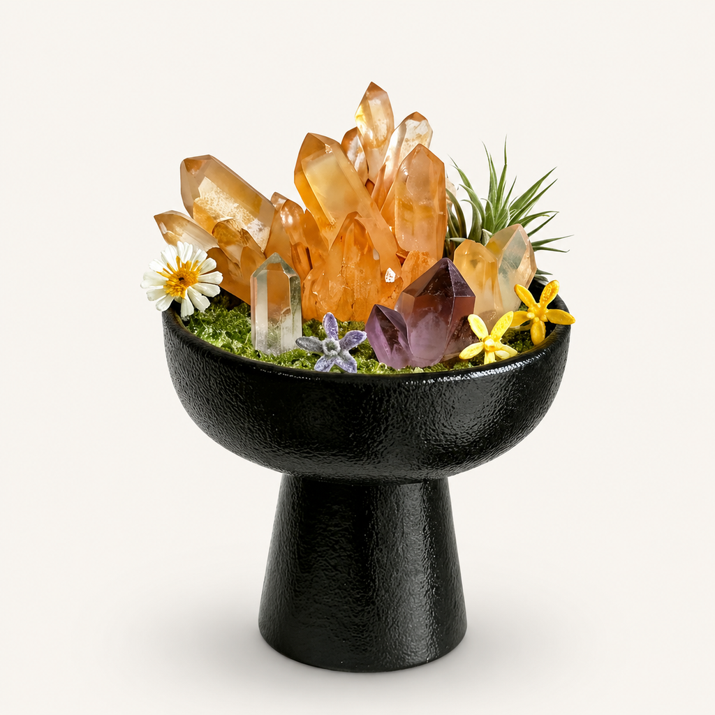 Solar Sanctum — Citrine, Amethyst & Clear Quartz Crystal Terrarium on Pedestal Altar Bowl