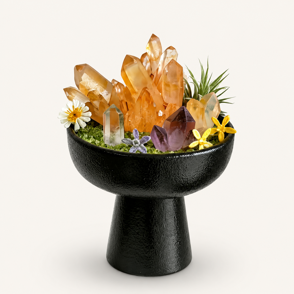 Solar Sanctum — Citrine, Amethyst & Clear Quartz Crystal Terrarium on Pedestal Altar Bowl