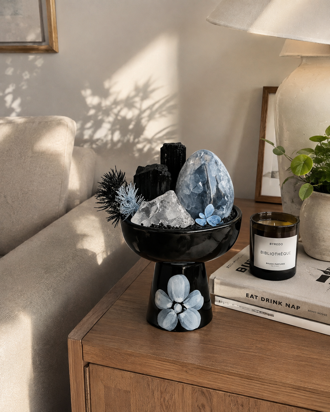 Midnight Blue Geode Crystal Sanctuary | Black Tourmaline & Clear Quartz Ceramic Pedestal Décor