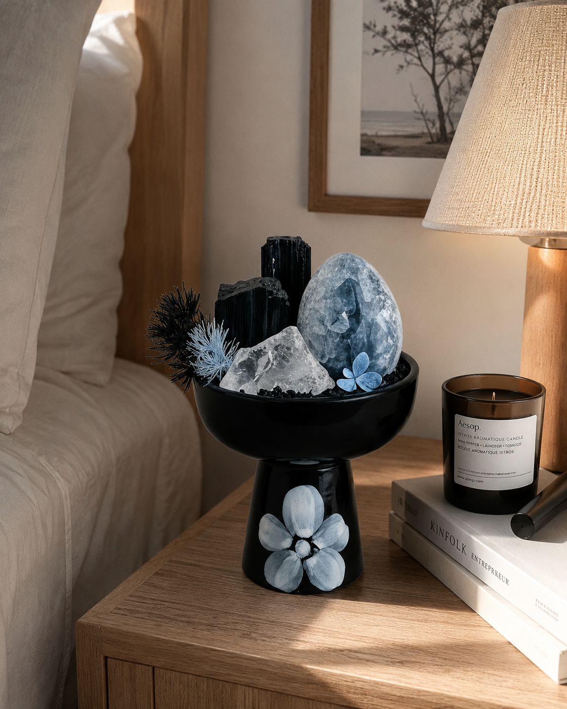 Midnight Blue Geode Crystal Sanctuary | Black Tourmaline & Clear Quartz Ceramic Pedestal Décor