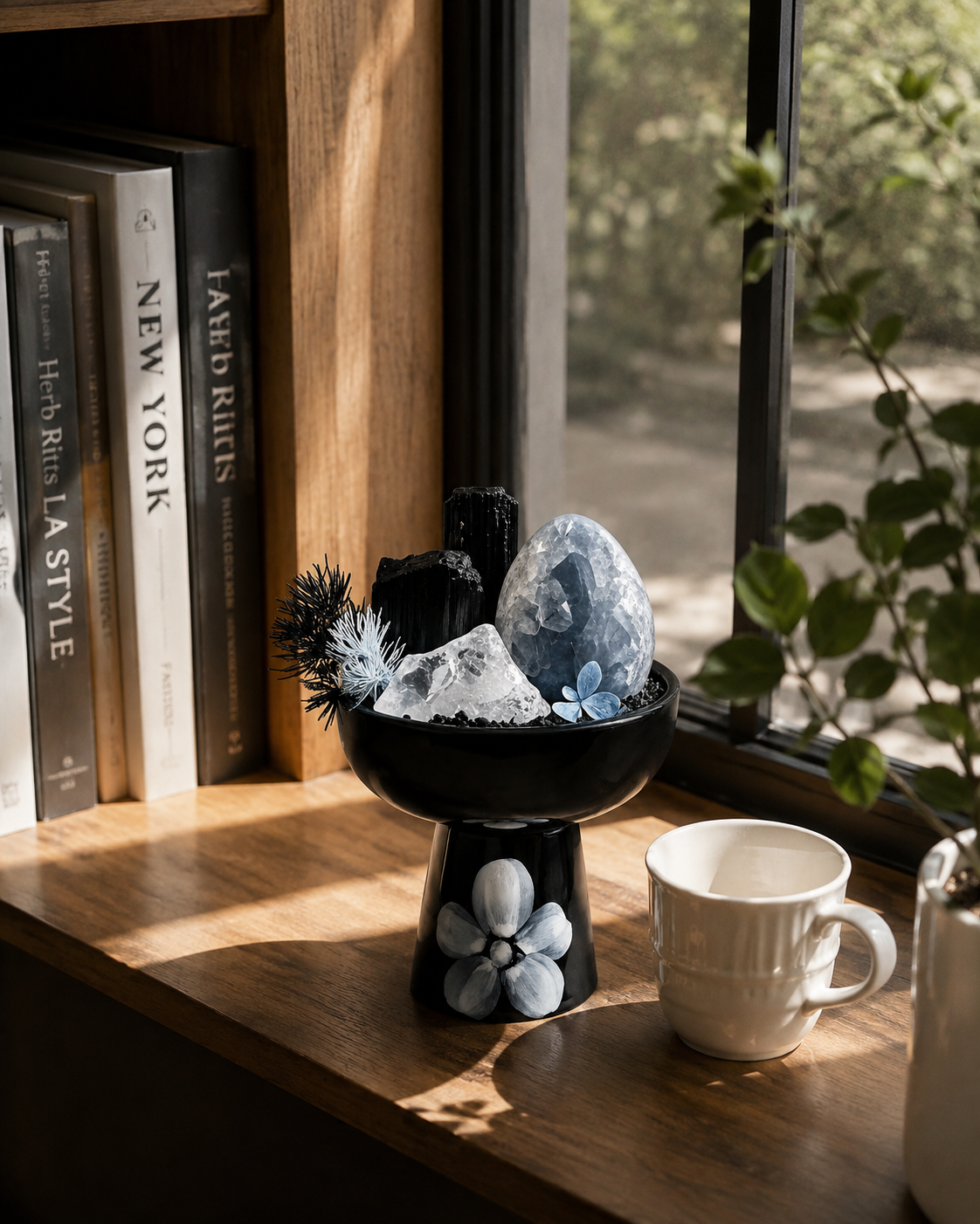 Midnight Blue Geode Crystal Sanctuary | Black Tourmaline & Clear Quartz Ceramic Pedestal Décor