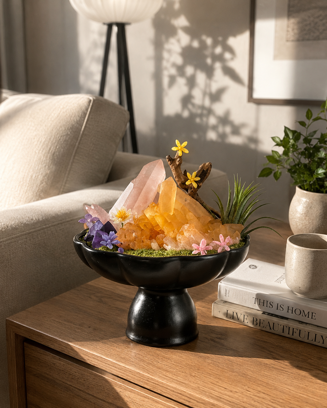 Golden Ember Crystal Garden | Red-Skinned Clear Quartz & Citrine Ceramic Décor