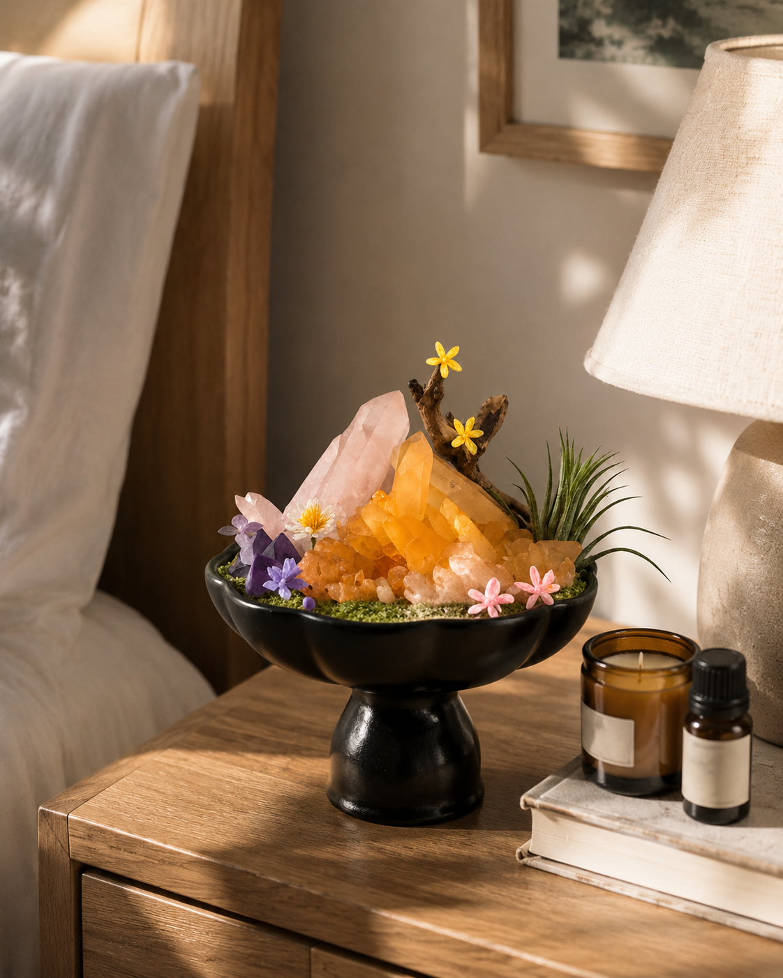Golden Ember Crystal Garden | Red-Skinned Clear Quartz & Citrine Ceramic Décor