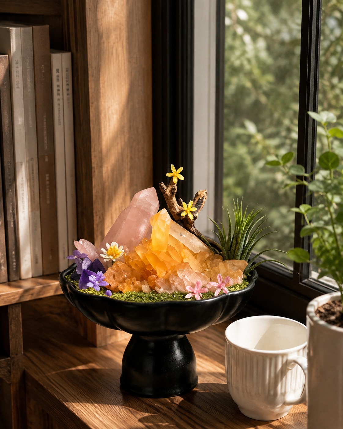 Golden Ember Crystal Garden | Red-Skinned Clear Quartz & Citrine Ceramic Décor