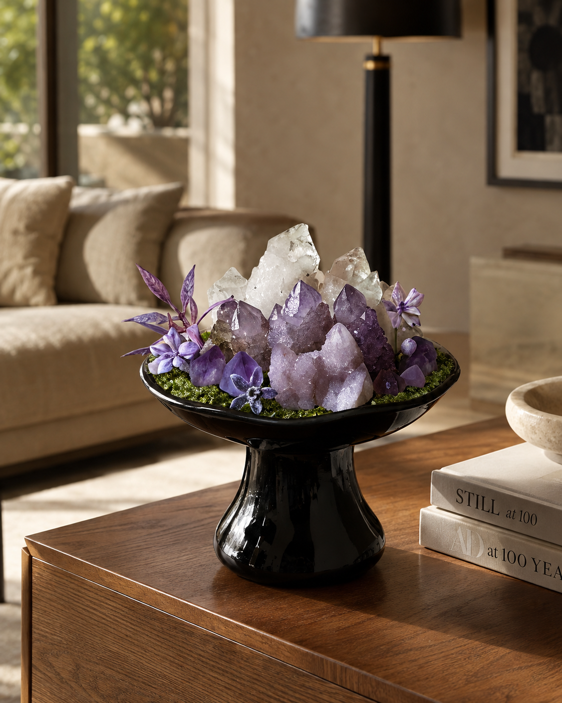 Violet Mist Crystal Garden | Amethyst & Clear Quartz Ceramic Pedestal Décor