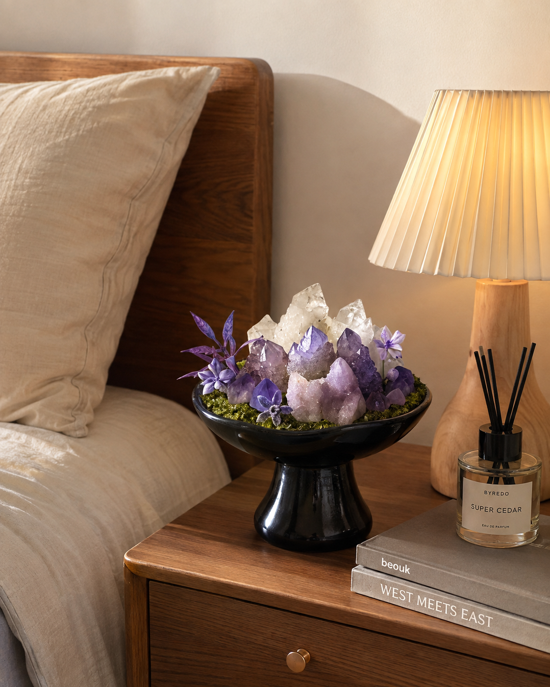 Violet Mist Crystal Garden | Amethyst & Clear Quartz Ceramic Pedestal Décor