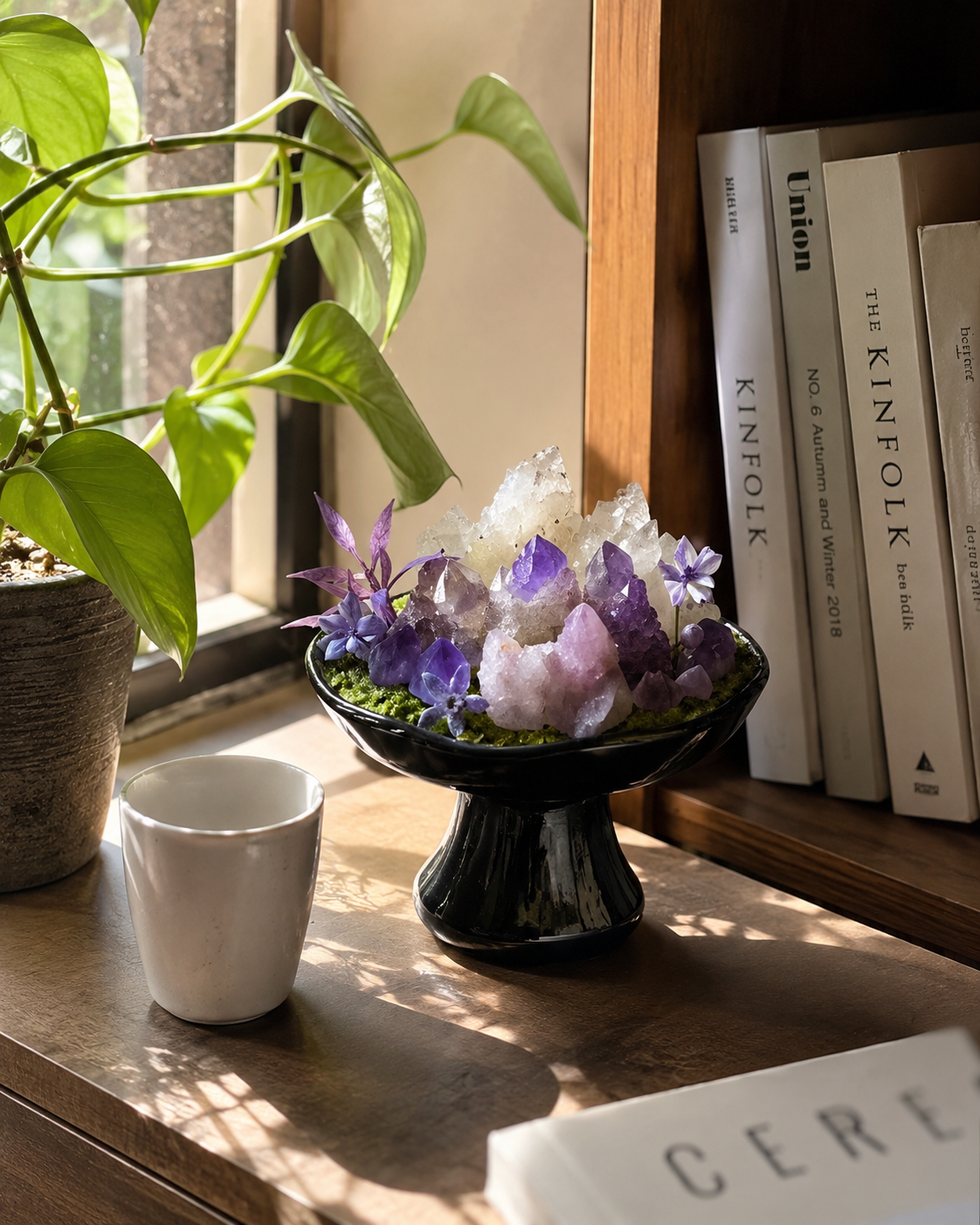 Violet Mist Crystal Garden | Amethyst & Clear Quartz Ceramic Pedestal Décor