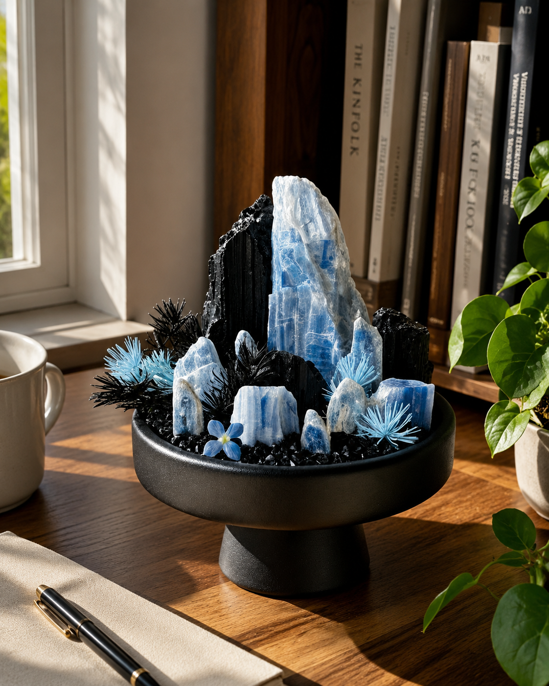 Glacial Midnight Crystal Garden | Black Tourmaline & Blue Crystal Pedestal Décor