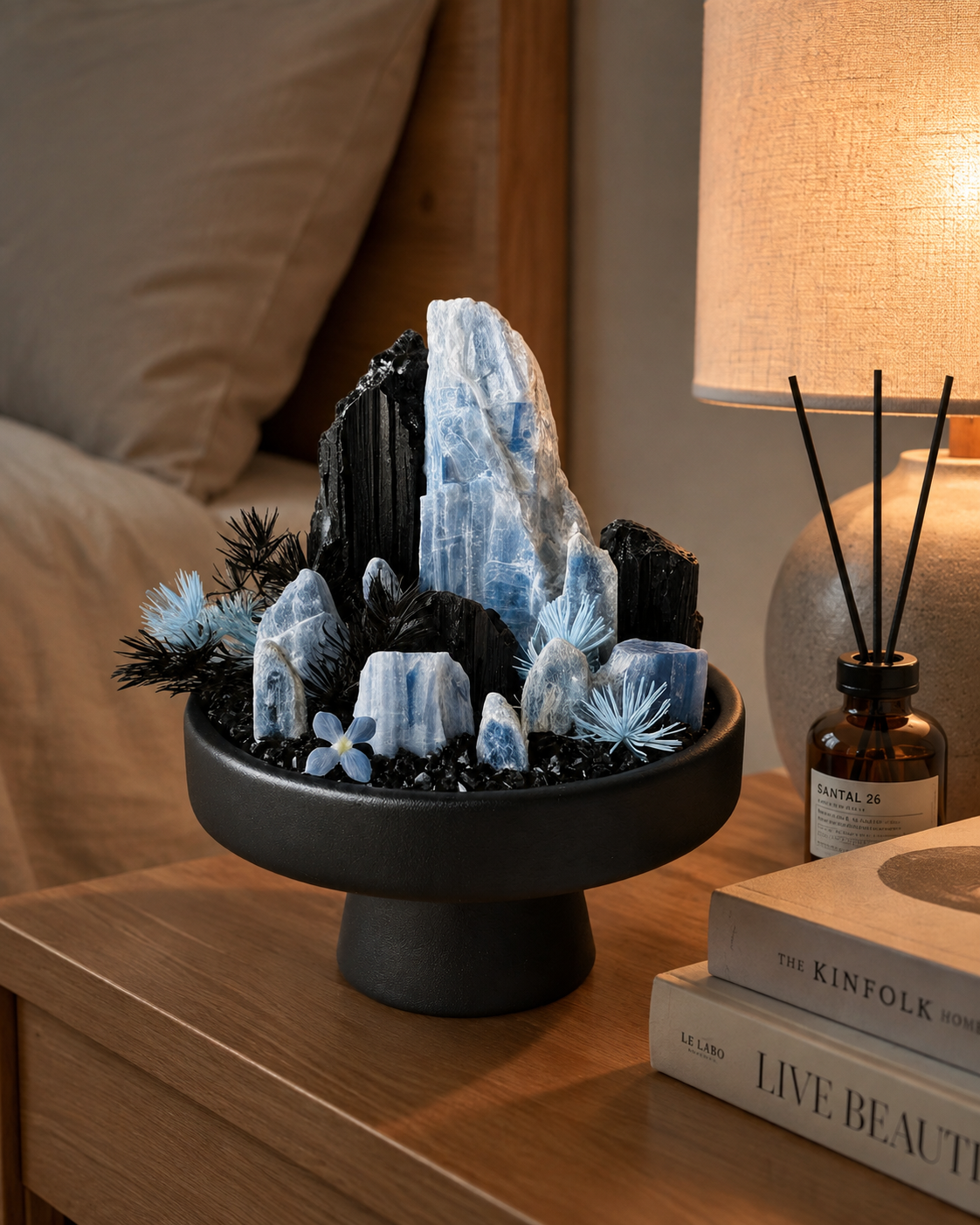 Glacial Midnight Crystal Garden | Black Tourmaline & Blue Crystal Pedestal Décor