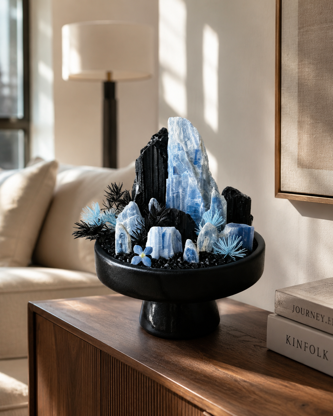Glacial Midnight Crystal Garden | Black Tourmaline & Blue Crystal Pedestal Décor