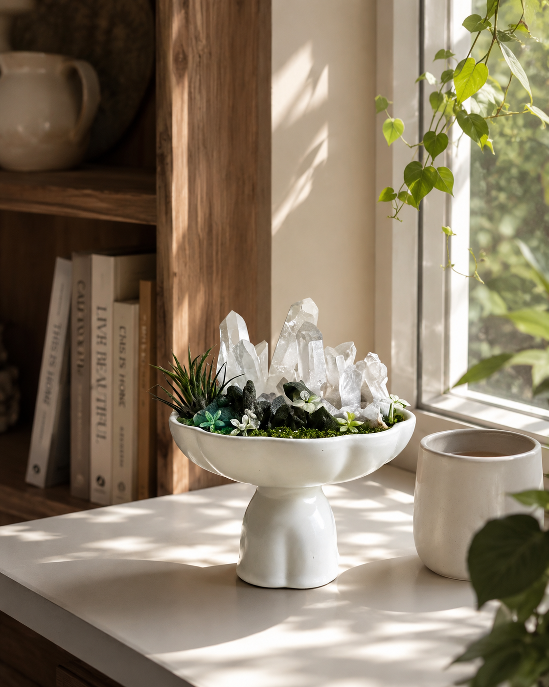 Forest Whisper Crystal Sanctuary | Clear Quartz & Epidote Ceramic Pedestal Décor