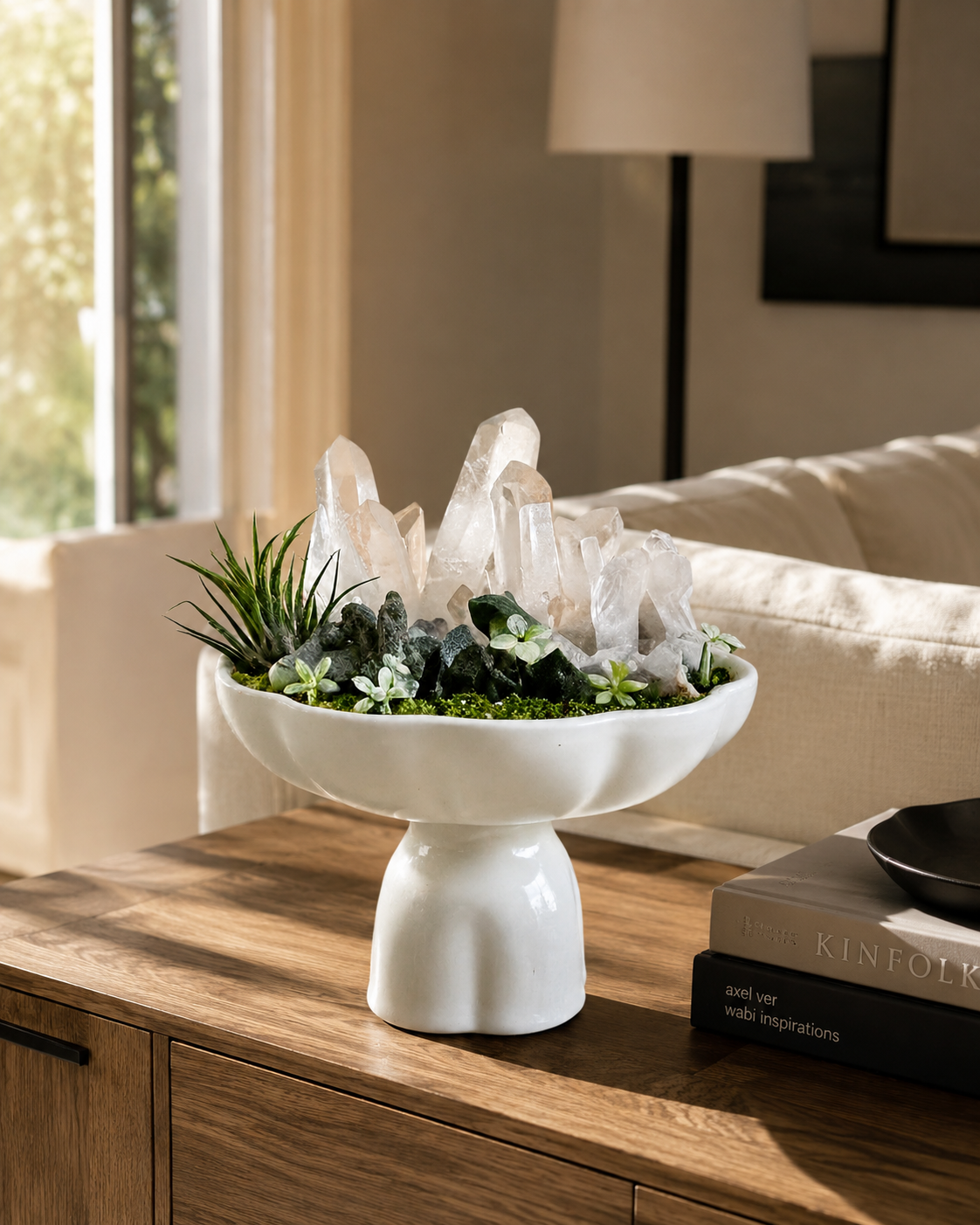 Forest Whisper Crystal Sanctuary | Clear Quartz & Epidote Ceramic Pedestal Décor