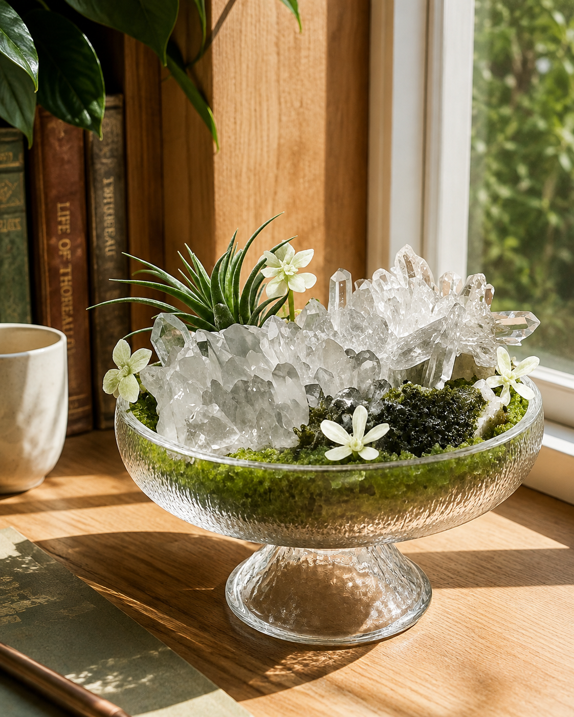 Emerald Dew Crystal Garden | Peridot, Epidote & Clear Quartz Glass Pedestal Décor