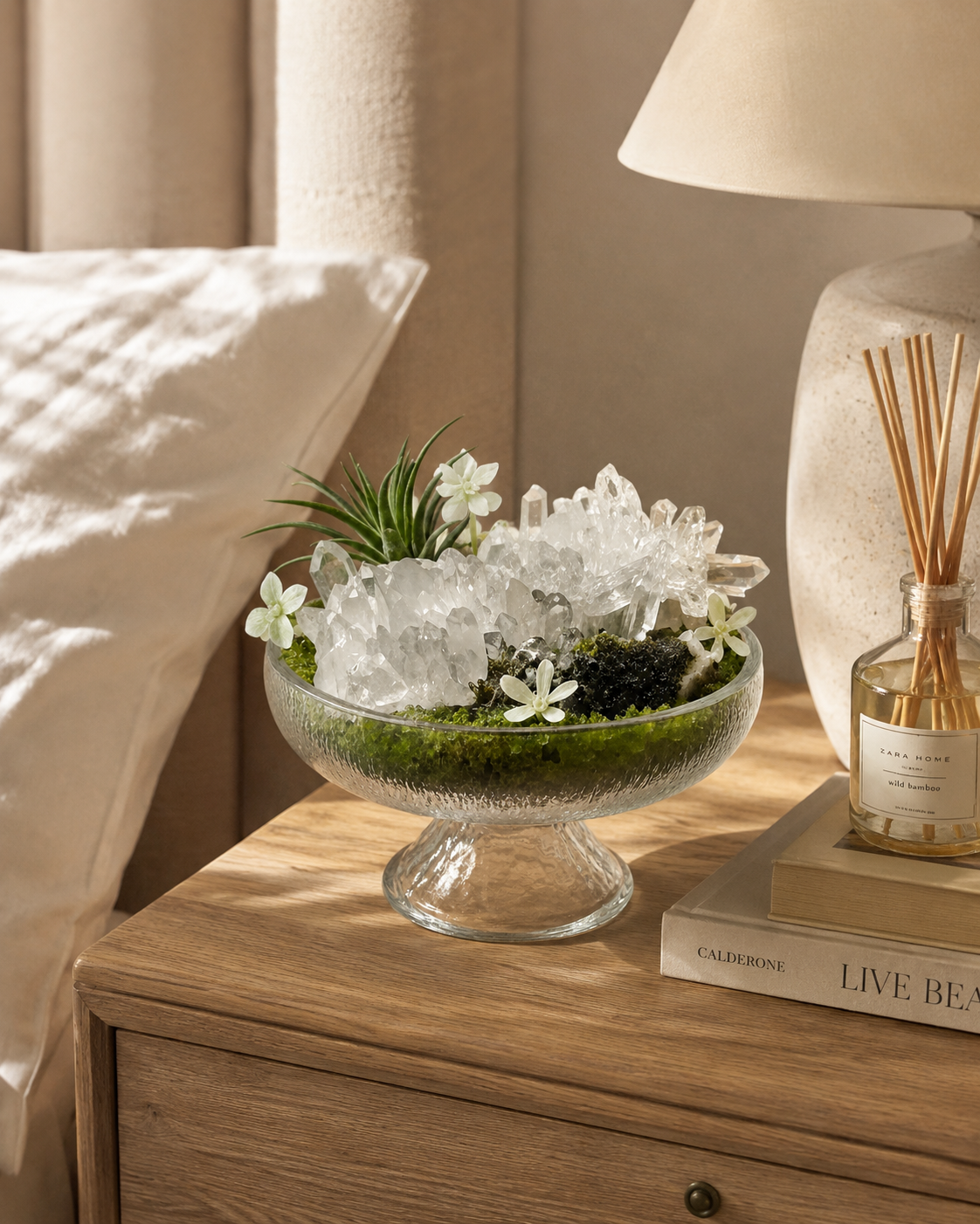 Emerald Dew Crystal Garden | Peridot, Epidote & Clear Quartz Glass Pedestal Décor