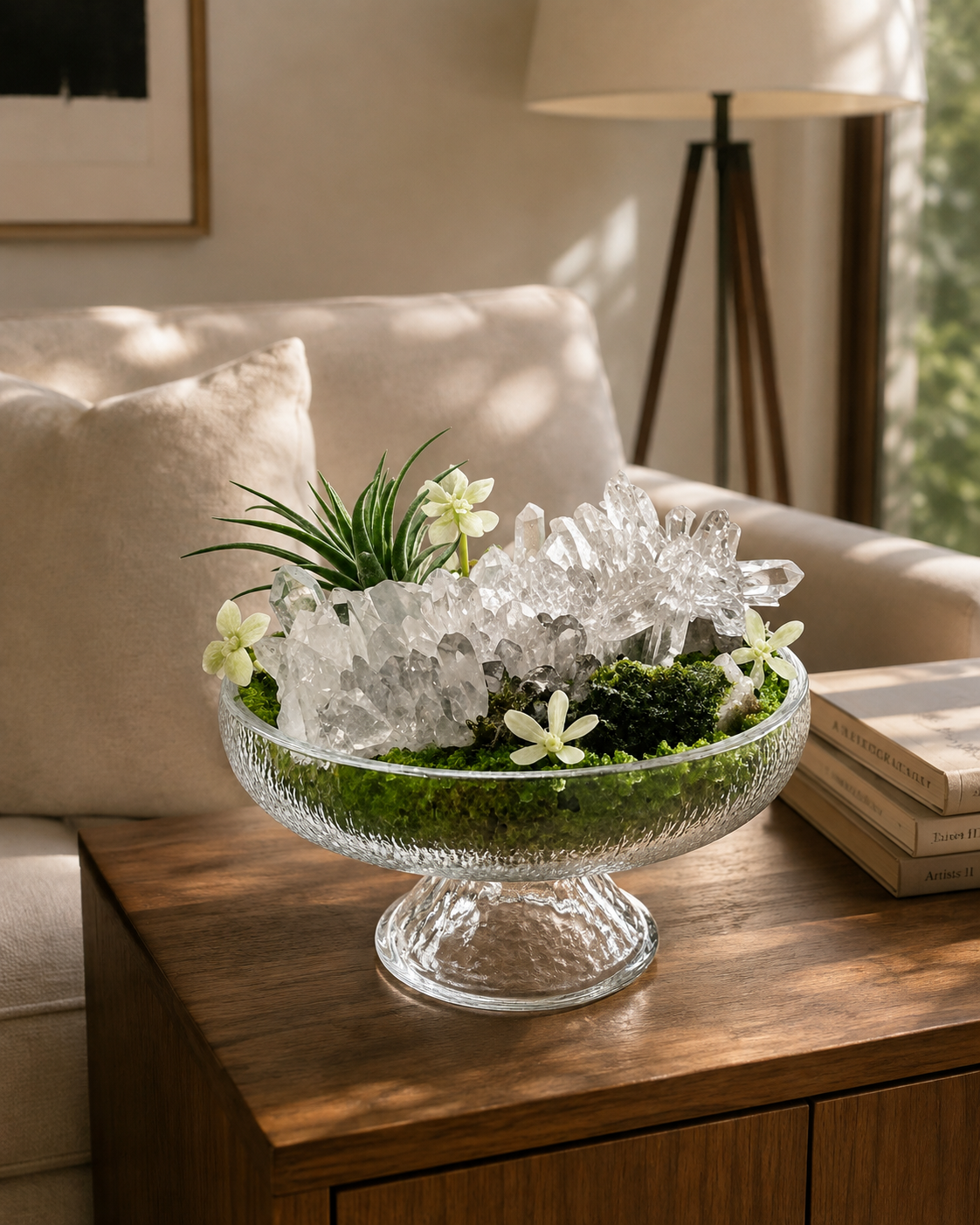 Emerald Dew Crystal Garden | Peridot, Epidote & Clear Quartz Glass Pedestal Décor