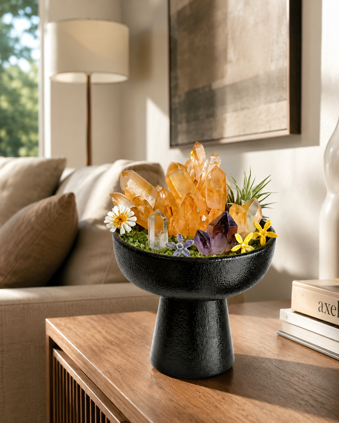 Golden Dawn Crystal Garden | Citrine, Amethyst & Clear Quartz Ceramic Décor