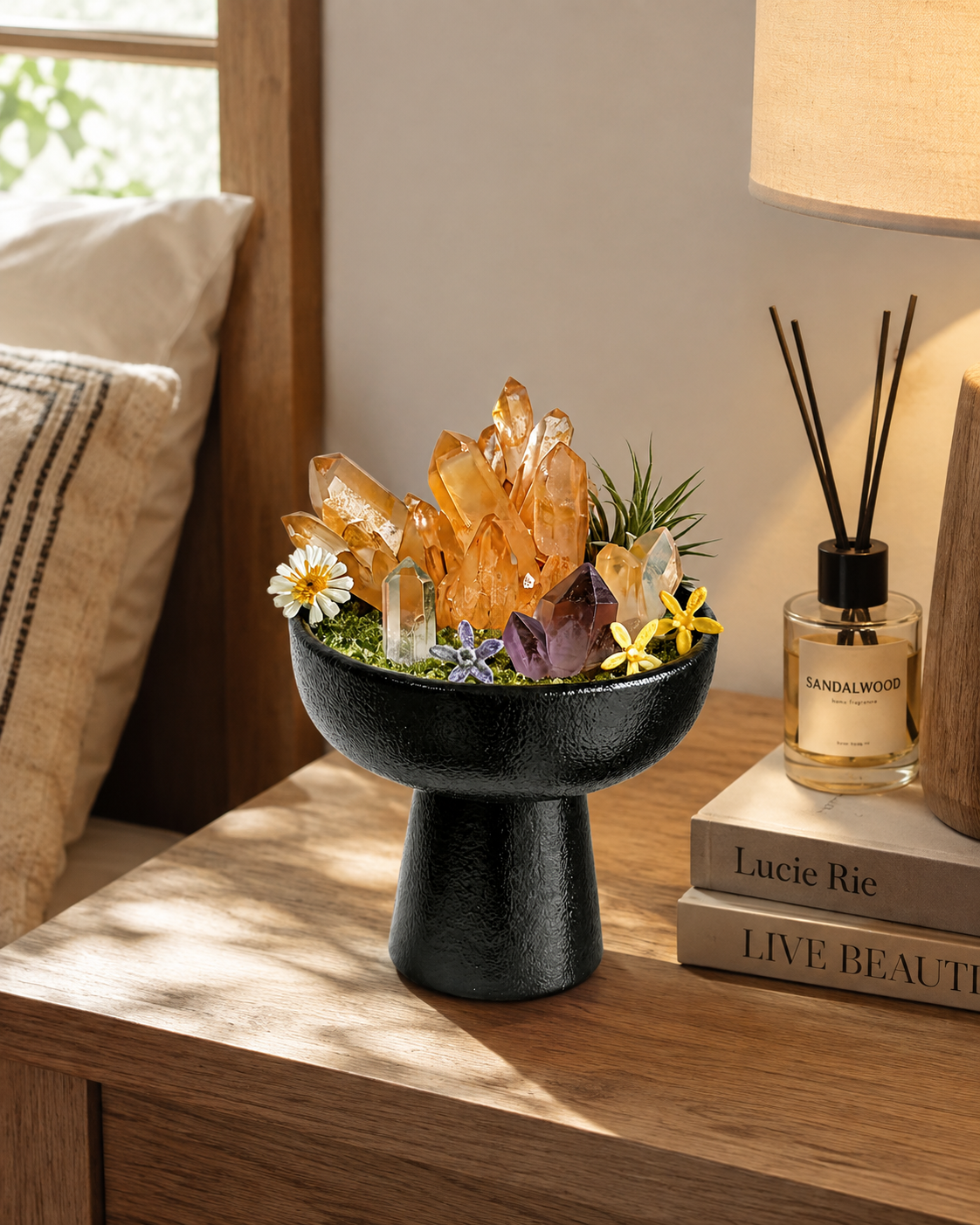 Golden Dawn Crystal Garden | Citrine, Amethyst & Clear Quartz Ceramic Décor