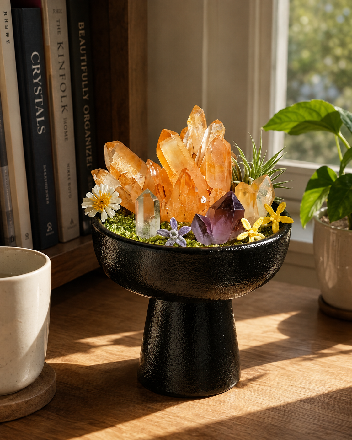 Golden Dawn Crystal Garden | Citrine, Amethyst & Clear Quartz Ceramic Décor