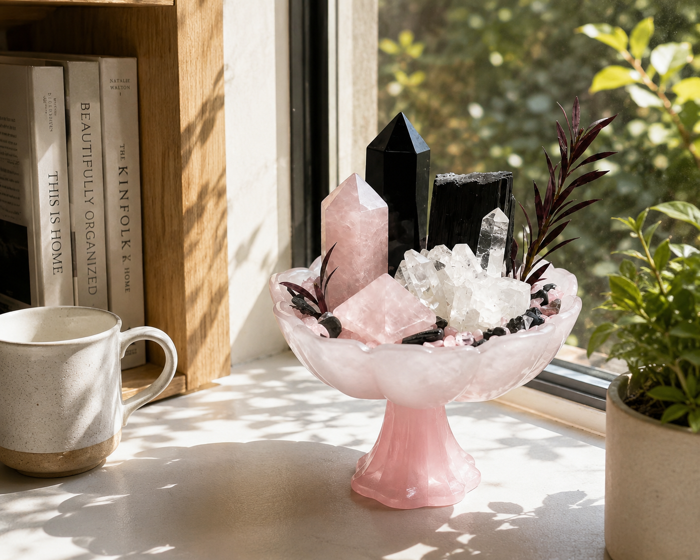 Rose Midnight Crystal Garden | Rose Quartz, Clear Quartz, Black Tourmaline & Obsidian Décor