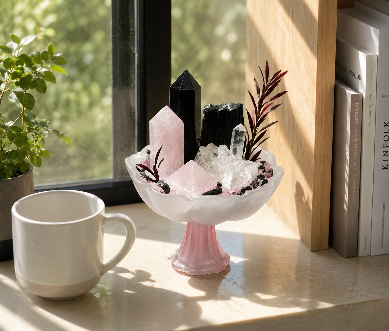 Rose Midnight Crystal Garden | Rose Quartz, Clear Quartz, Black Tourmaline & Obsidian Décor