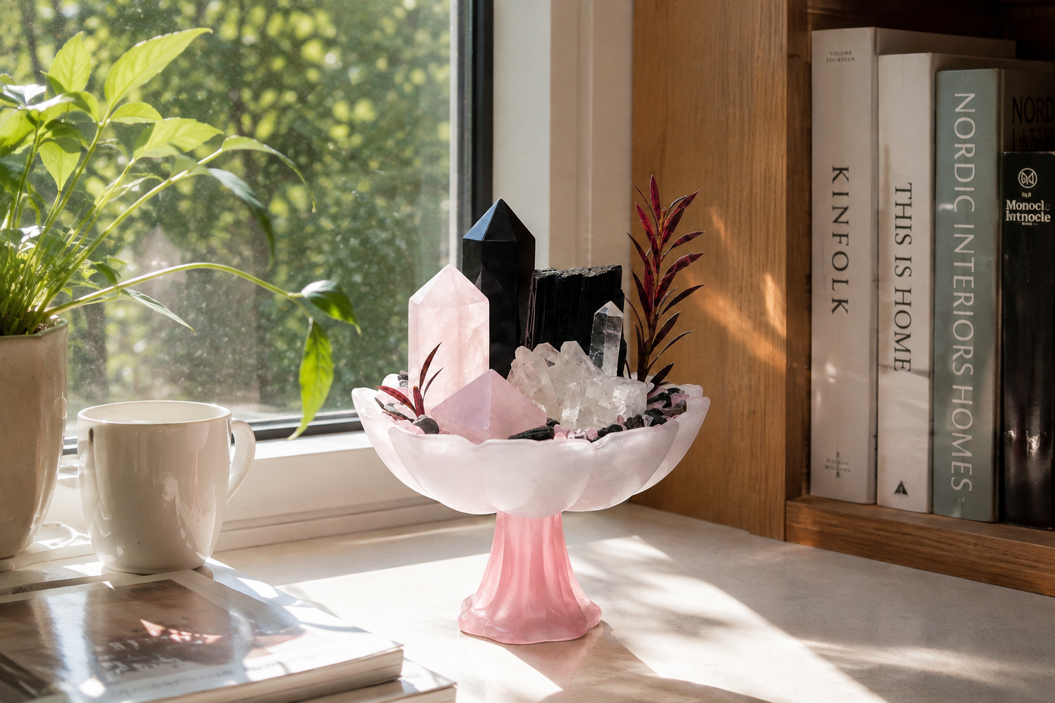 Rose Midnight Crystal Garden | Rose Quartz, Clear Quartz, Black Tourmaline & Obsidian Décor