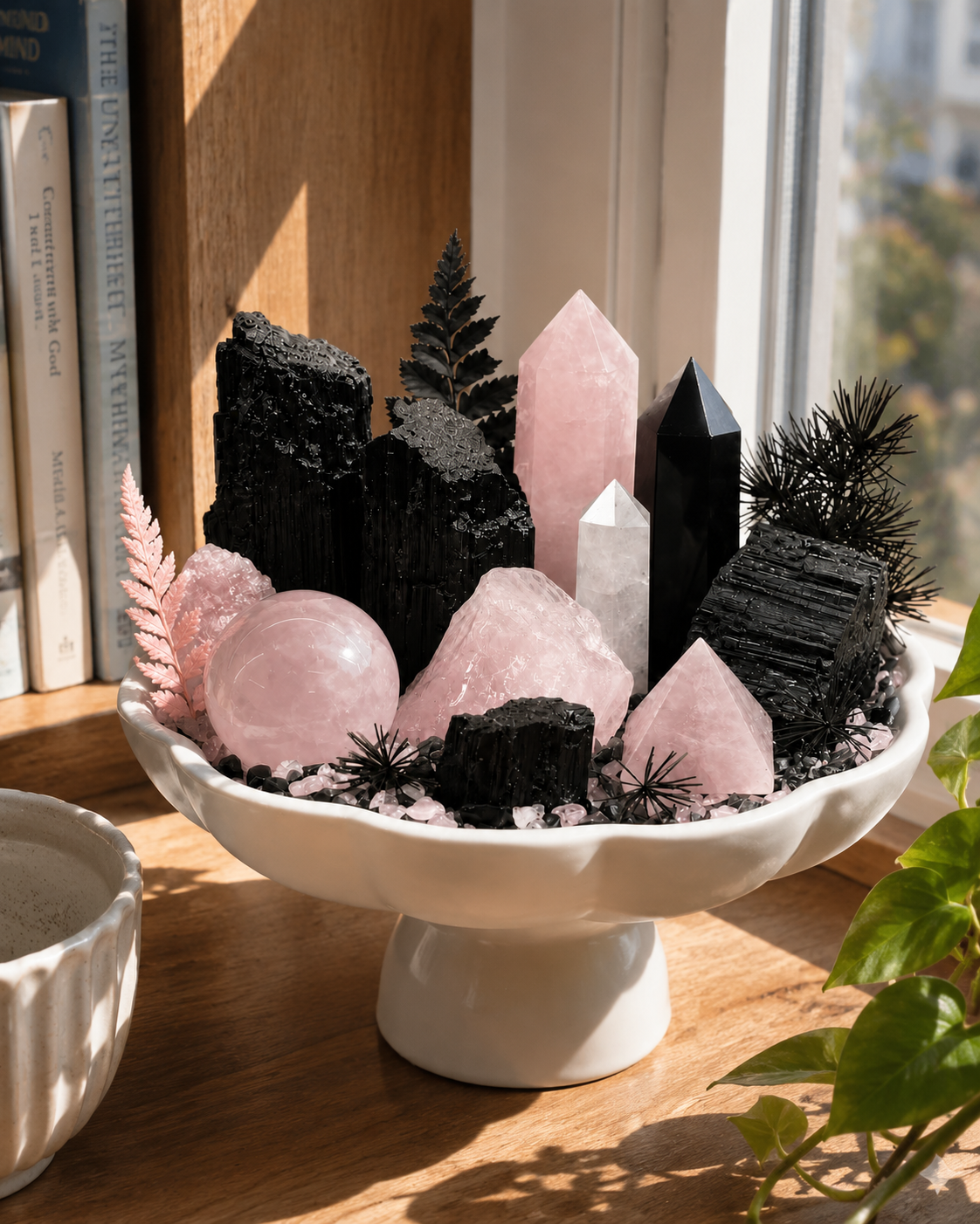 Rose Eclipse Crystal Garden | Rose Quartz, Clear Quartz & Black Tourmaline Ceramic Décor