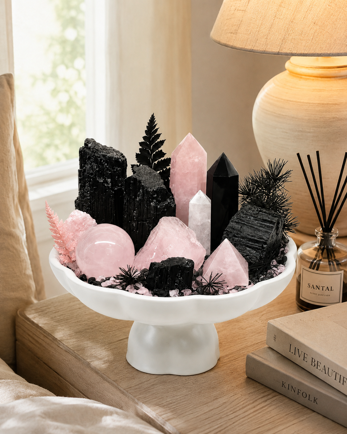Rose Eclipse Crystal Garden | Rose Quartz, Clear Quartz & Black Tourmaline Ceramic Décor