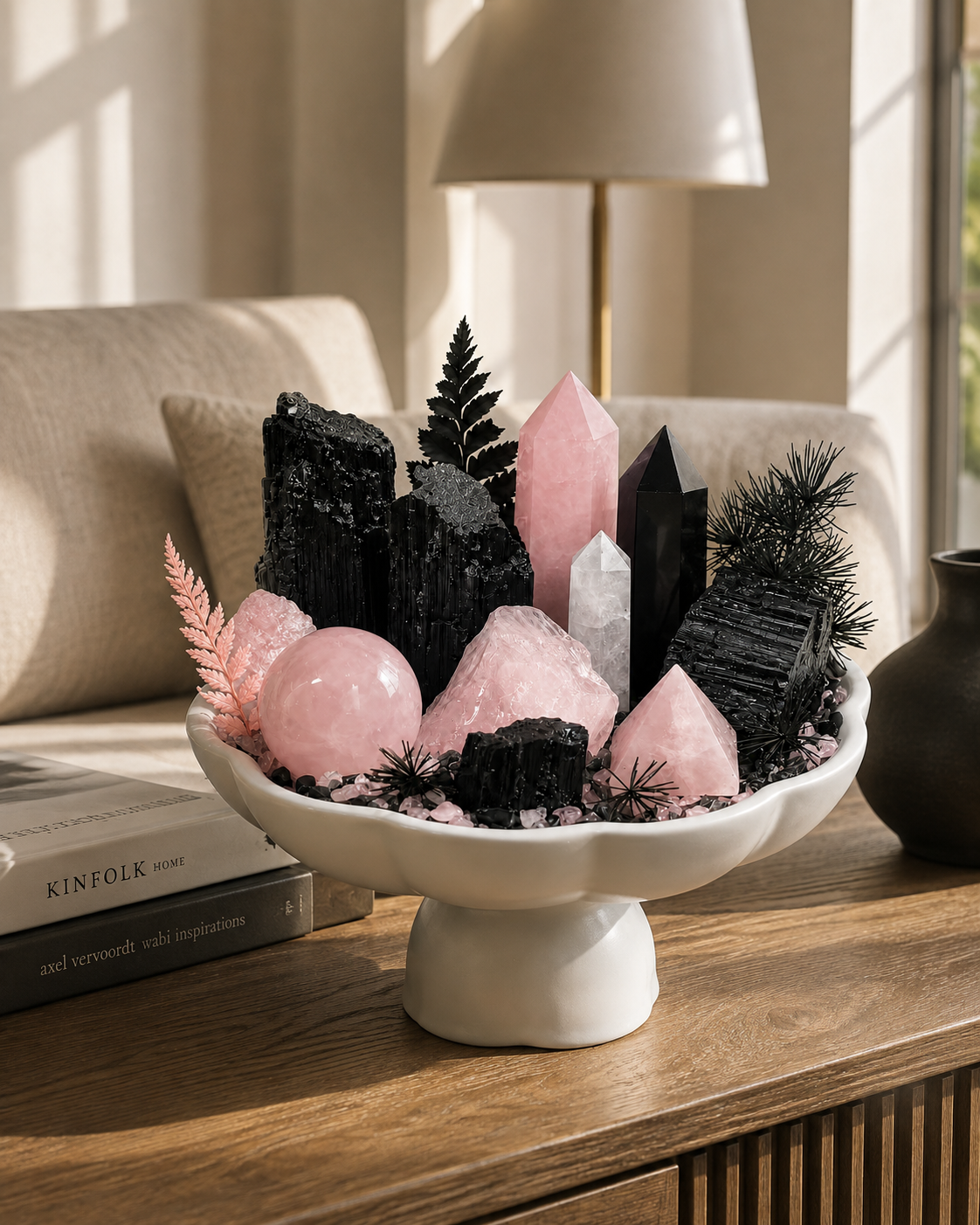Rose Eclipse Crystal Garden | Rose Quartz, Clear Quartz & Black Tourmaline Ceramic Décor