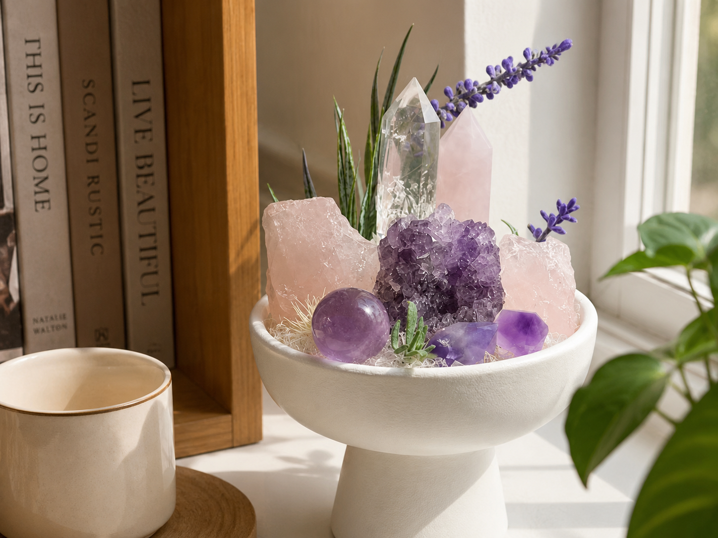Violet Heart Crystal Garden | Amethyst, Rose Quartz & Clear Quartz Ceramic Décor