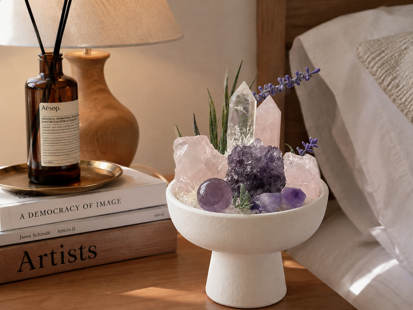 Violet Heart Crystal Garden | Amethyst, Rose Quartz & Clear Quartz Ceramic Décor