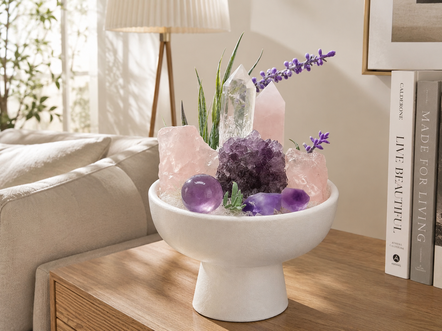 Violet Heart Crystal Garden | Amethyst, Rose Quartz & Clear Quartz Ceramic Décor