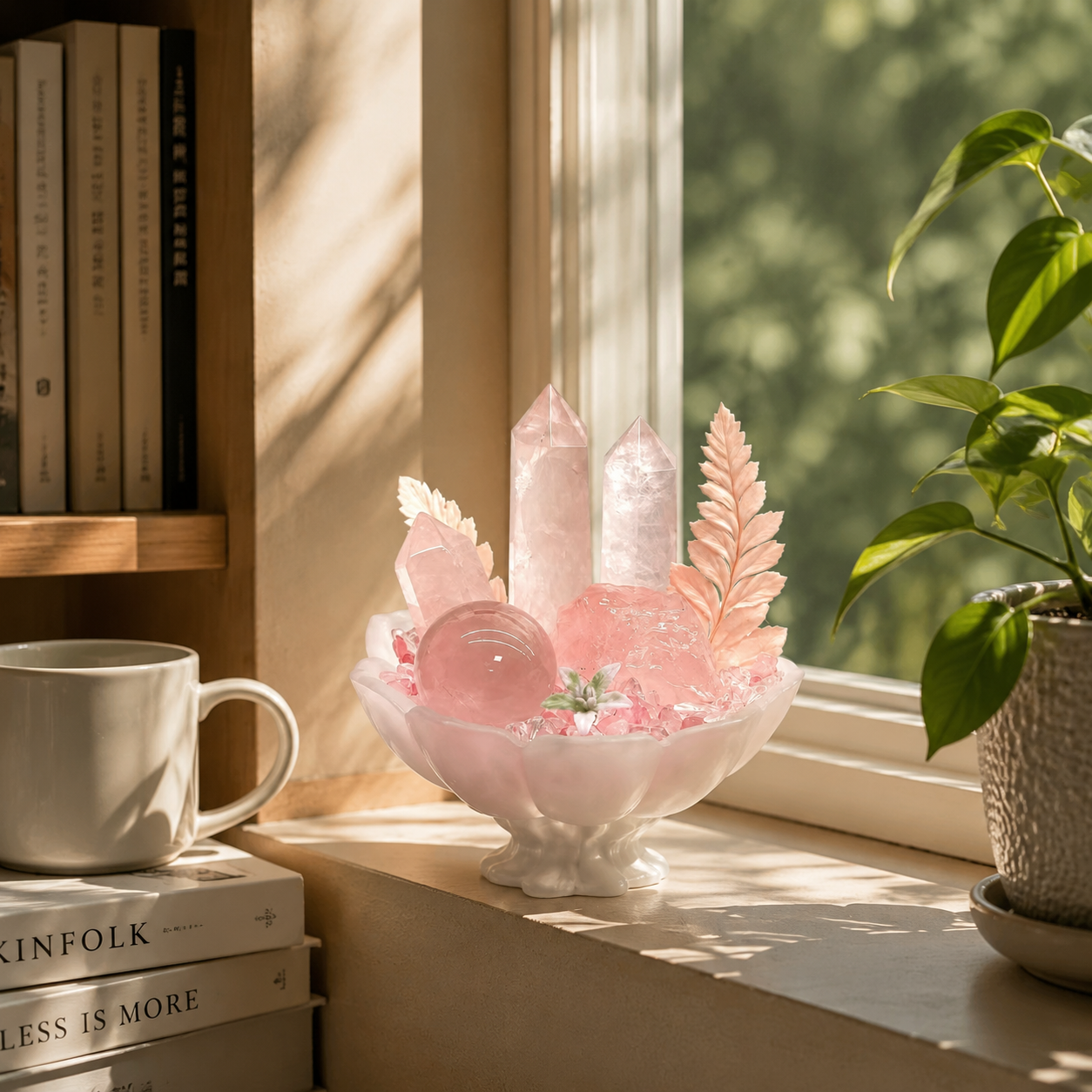 Blush Morning Crystal Garden | Strawberry Quartz & Clear Quartz Pedestal Bowl Décor