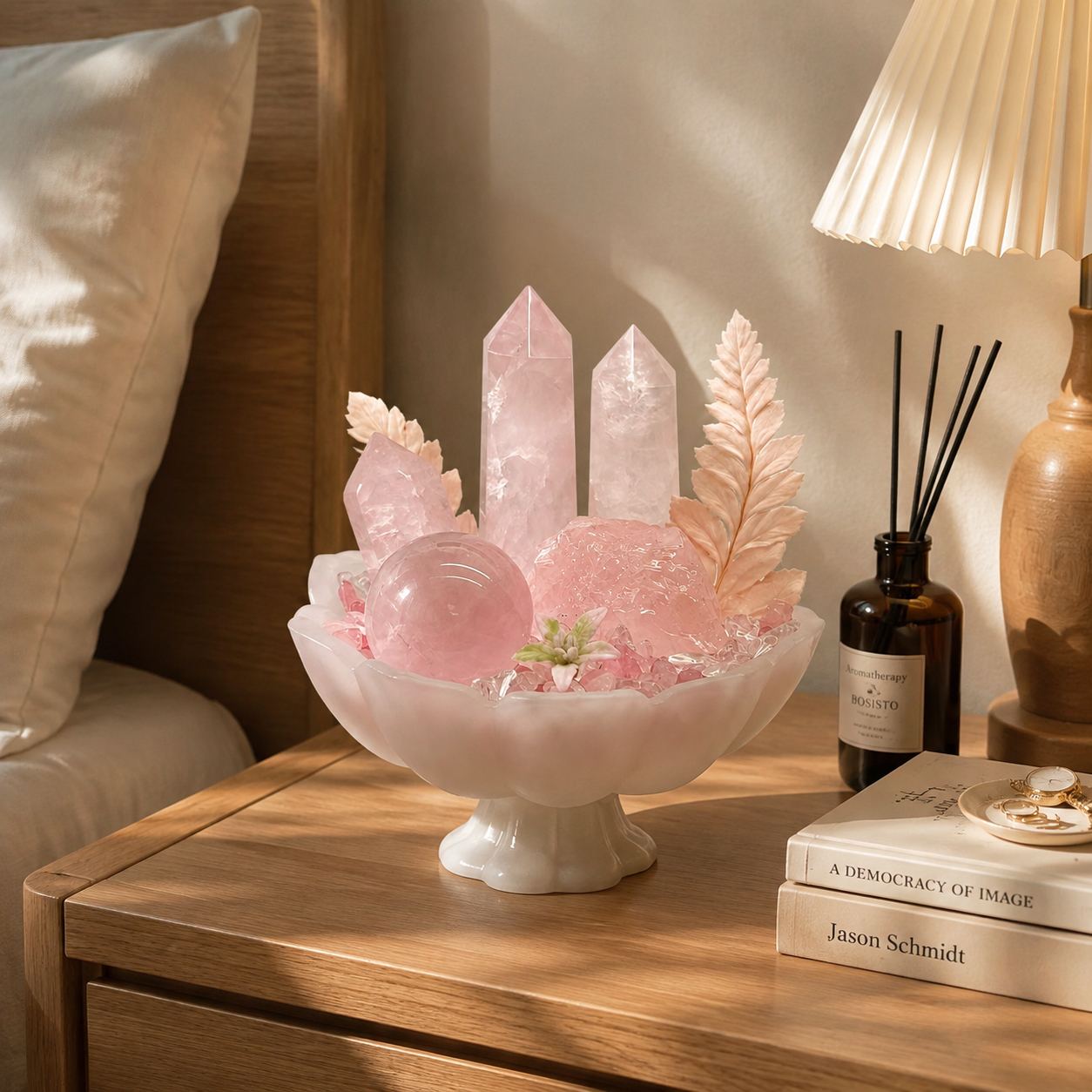 Blush Morning Crystal Garden | Strawberry Quartz & Clear Quartz Pedestal Bowl Décor