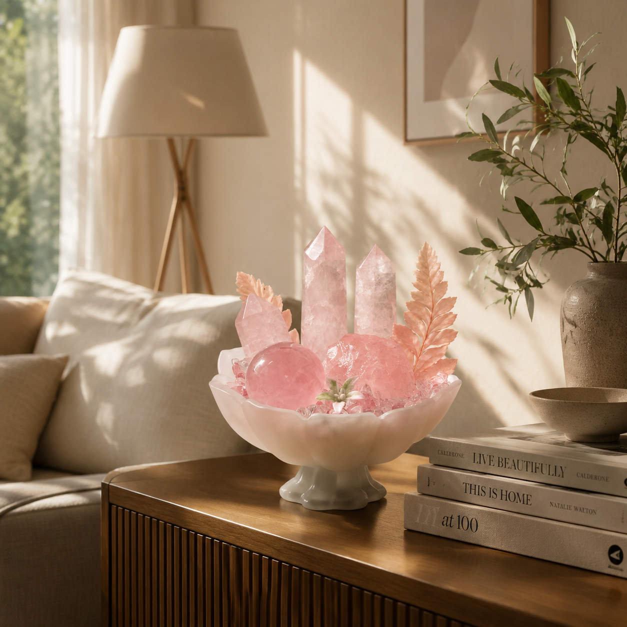 Blush Morning Crystal Garden | Strawberry Quartz & Clear Quartz Pedestal Bowl Décor