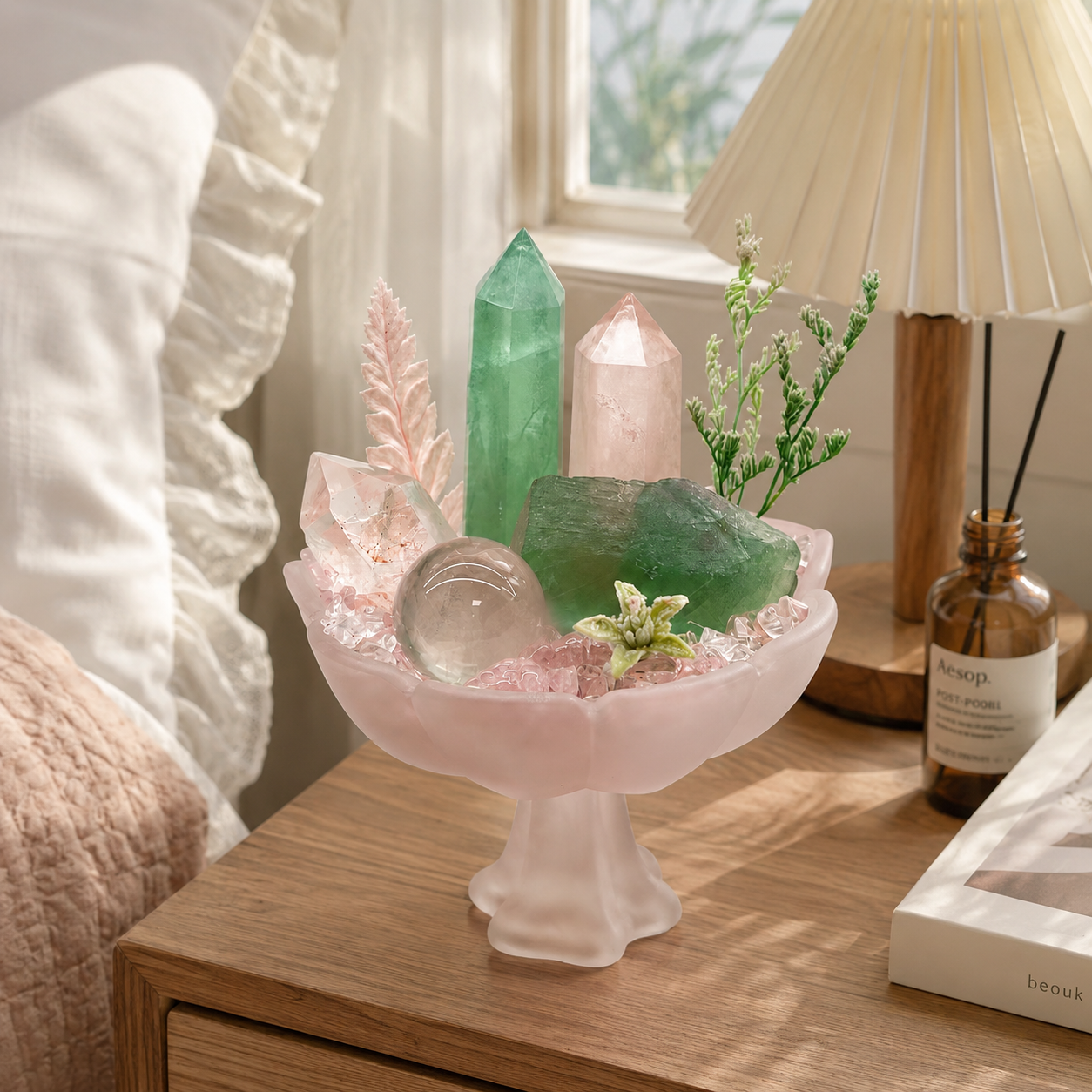 Forest Blush Crystal Garden | Green Fluorite & Rose Quartz Pedestal Bowl Décor