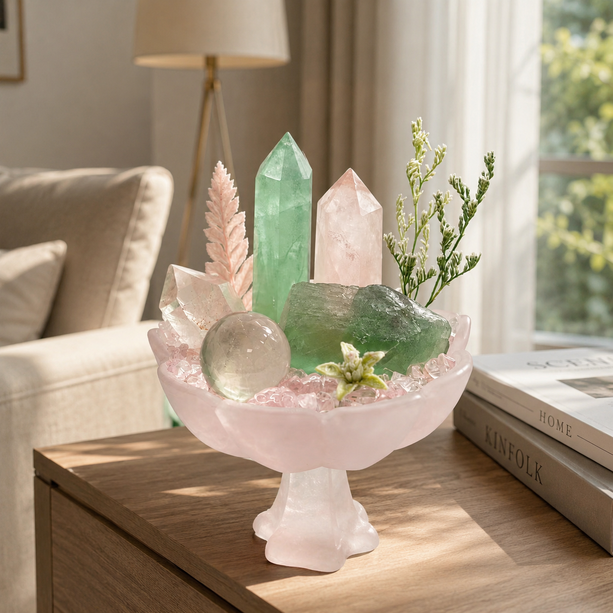 Forest Blush Crystal Garden | Green Fluorite & Rose Quartz Pedestal Bowl Décor