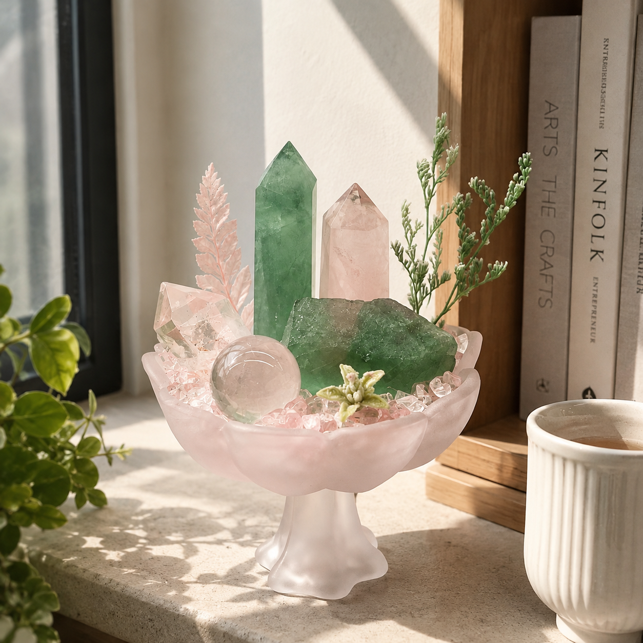 Forest Blush Crystal Garden | Green Fluorite & Rose Quartz Pedestal Bowl Décor