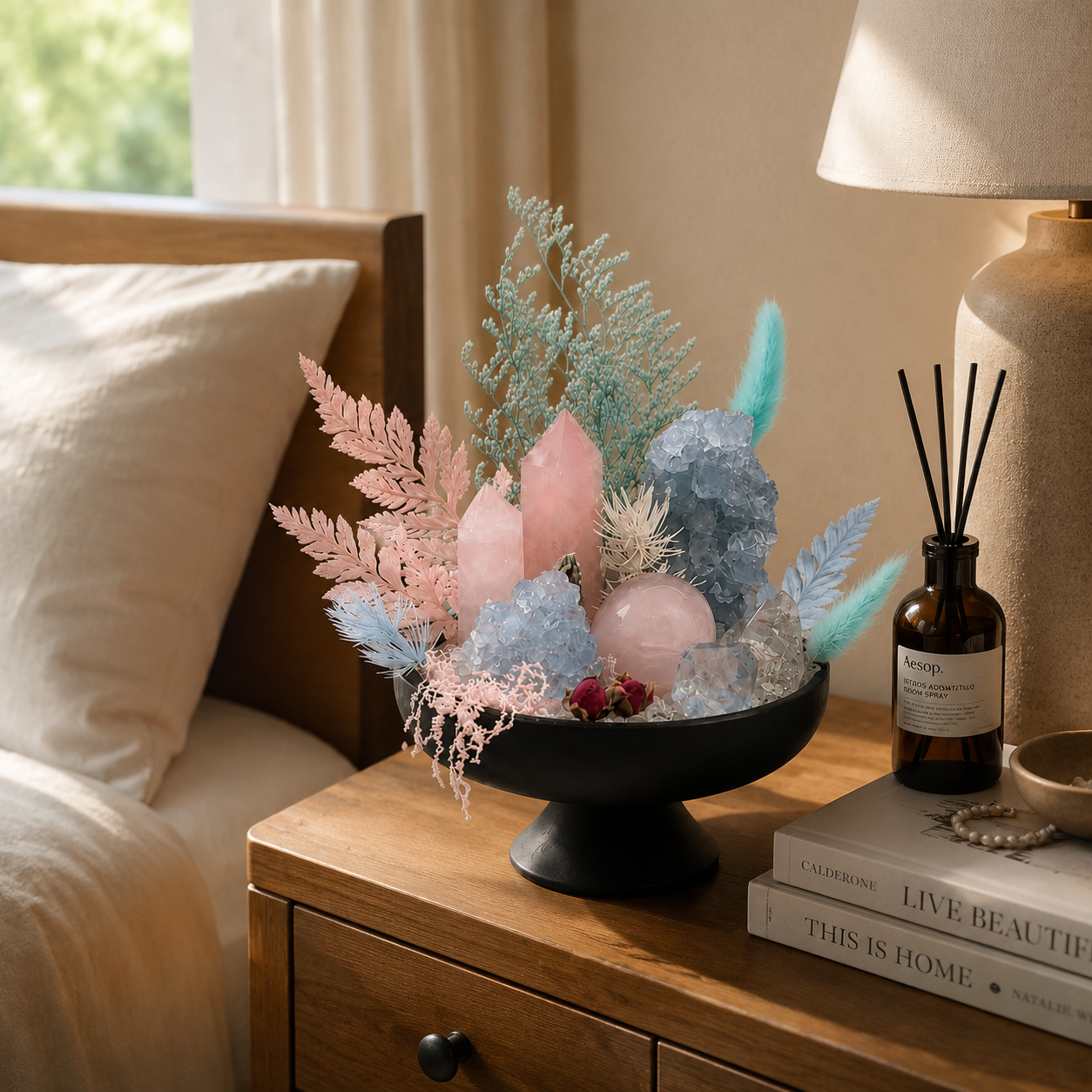 Starlit Blush Crystal Garden | Rose Quartz, Lapis Lazuli & Clear Quartz Décor