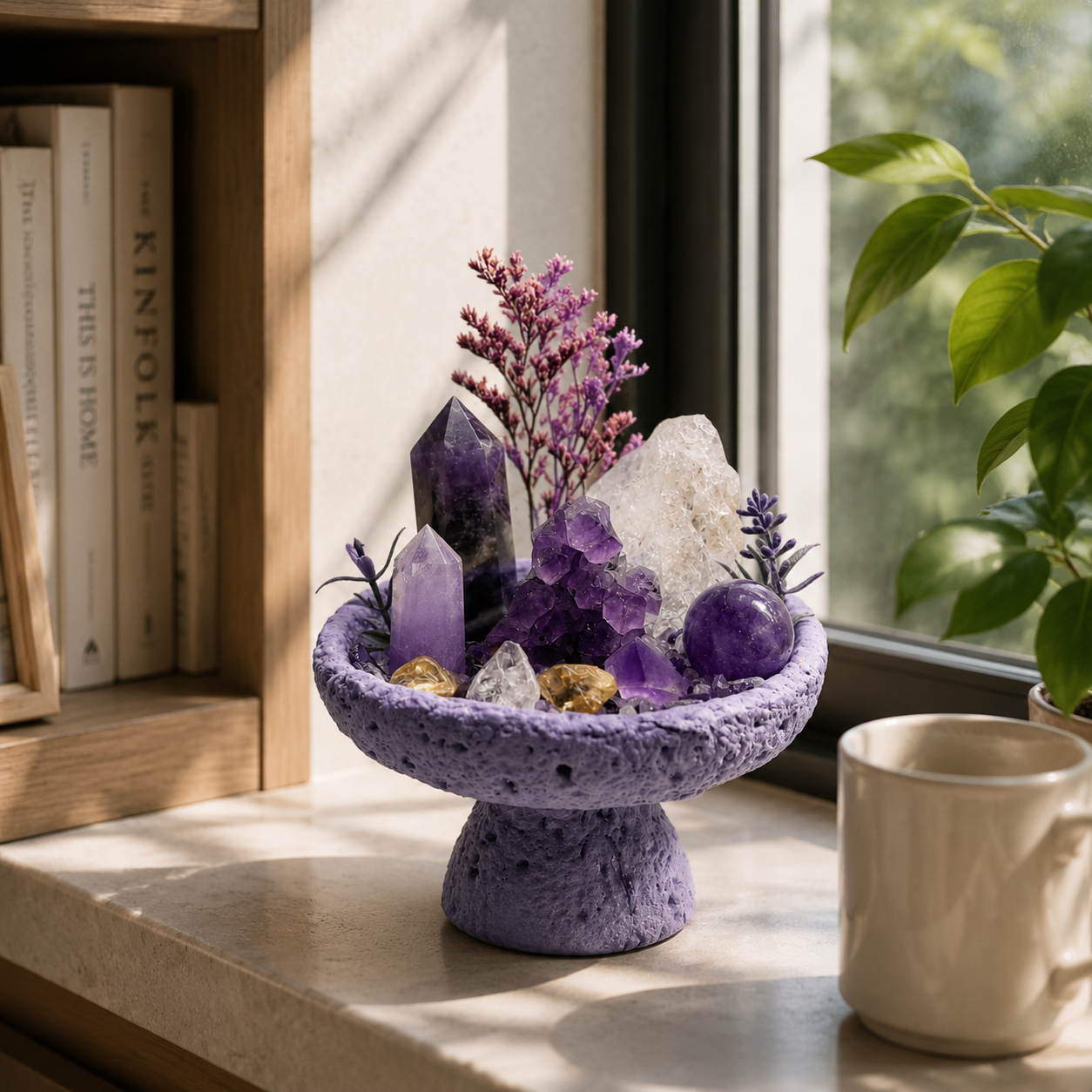Violet Night Crystal Garden | Obsidian & Amethyst Pedestal Bowl Décor