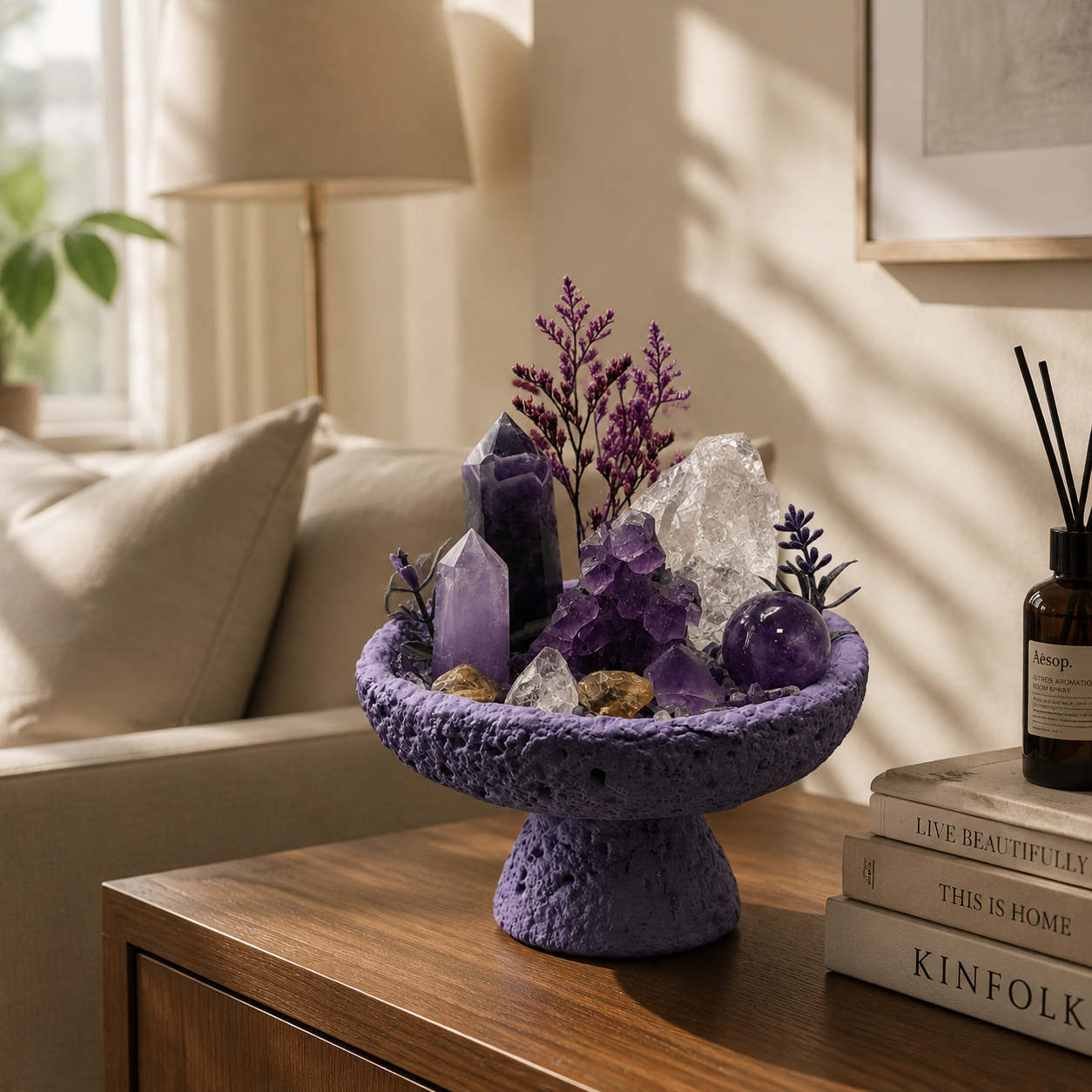 Violet Night Crystal Garden | Obsidian & Amethyst Pedestal Bowl Décor