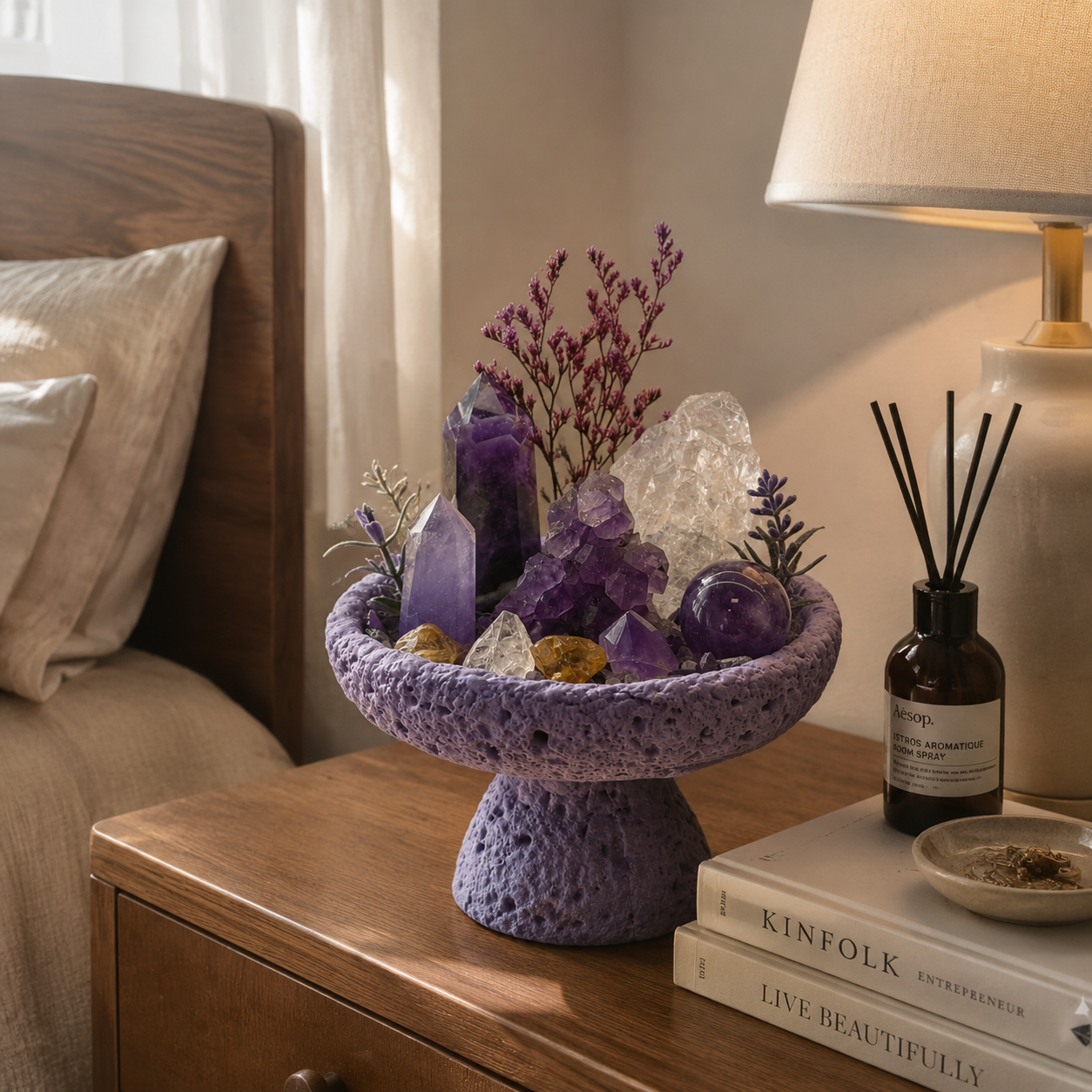Violet Night Crystal Garden | Obsidian & Amethyst Pedestal Bowl Décor