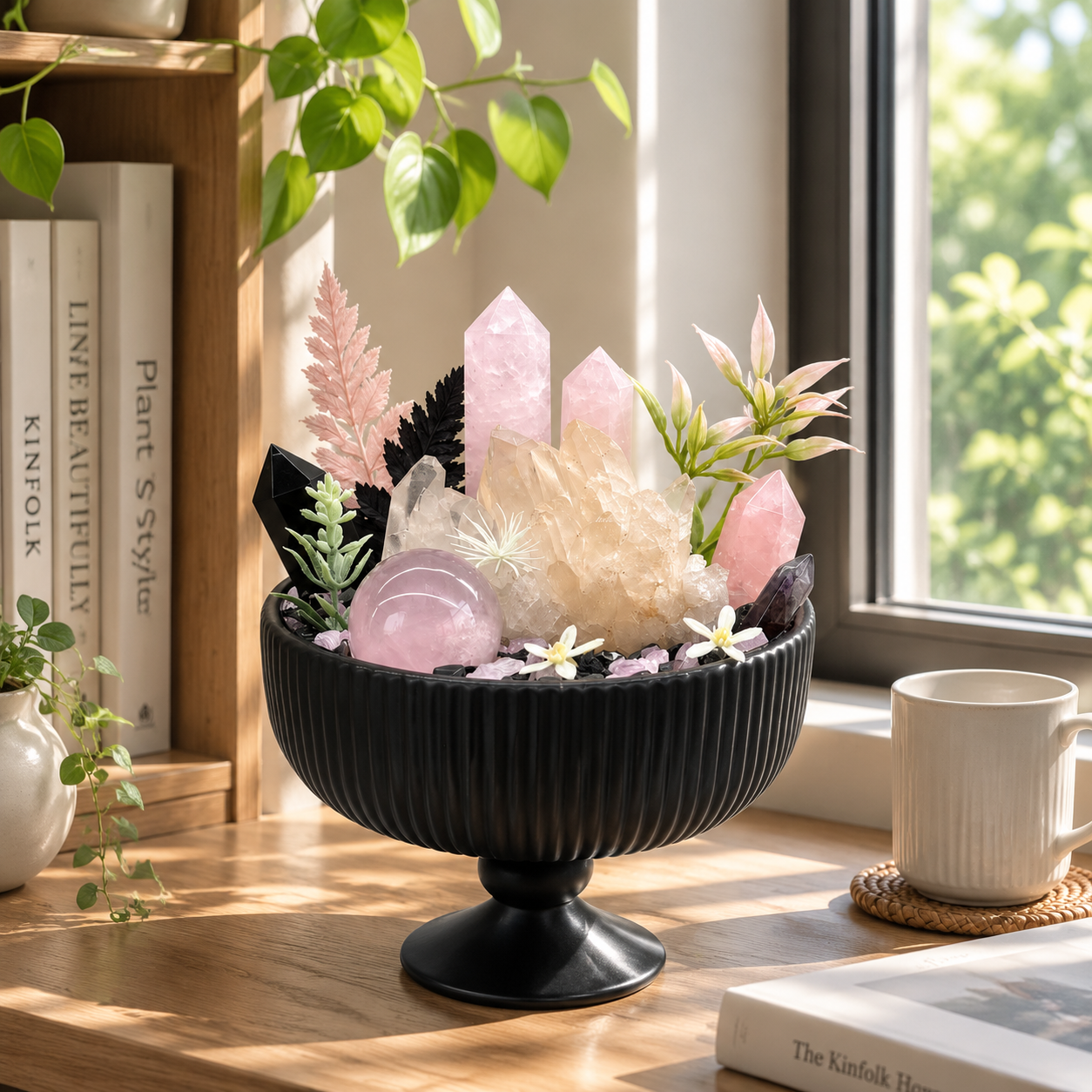 Blush Twilight Crystal Garden | Rose Quartz & Clear Quartz Black Pedestal Bowl Décor