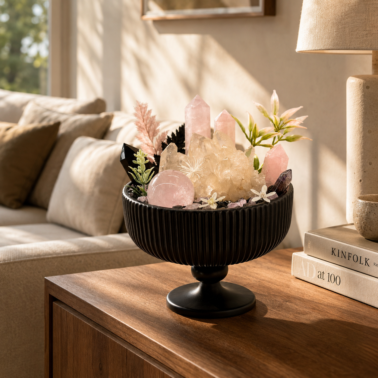 Blush Twilight Crystal Garden | Rose Quartz & Clear Quartz Black Pedestal Bowl Décor