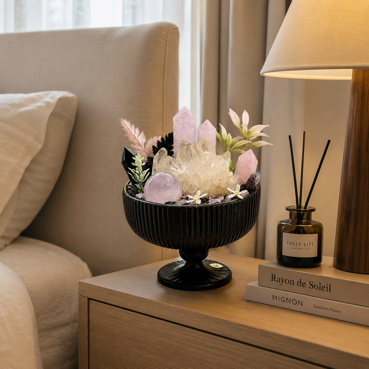 Blush Twilight Crystal Garden | Rose Quartz & Clear Quartz Black Pedestal Bowl Décor